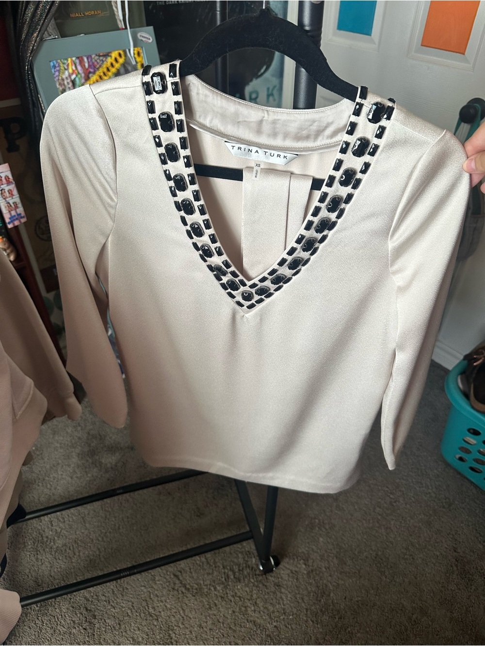 Trina Turk Cream V-Neck Jeweled Trim Blouse